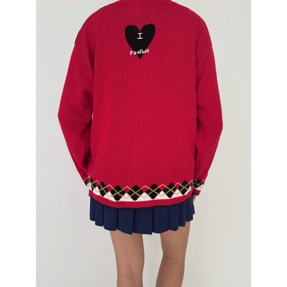 90s vintage red novelty football argyle print embroidered knit cardigan large XL - Picture 6 of 10